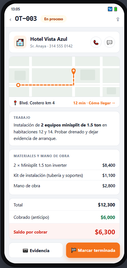 Orden de trabajo en el celular: cliente, ubicación, materiales y saldo por cobrar