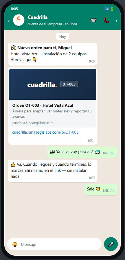 Al técnico le llega un aviso por WhatsApp con el link para abrir su orden